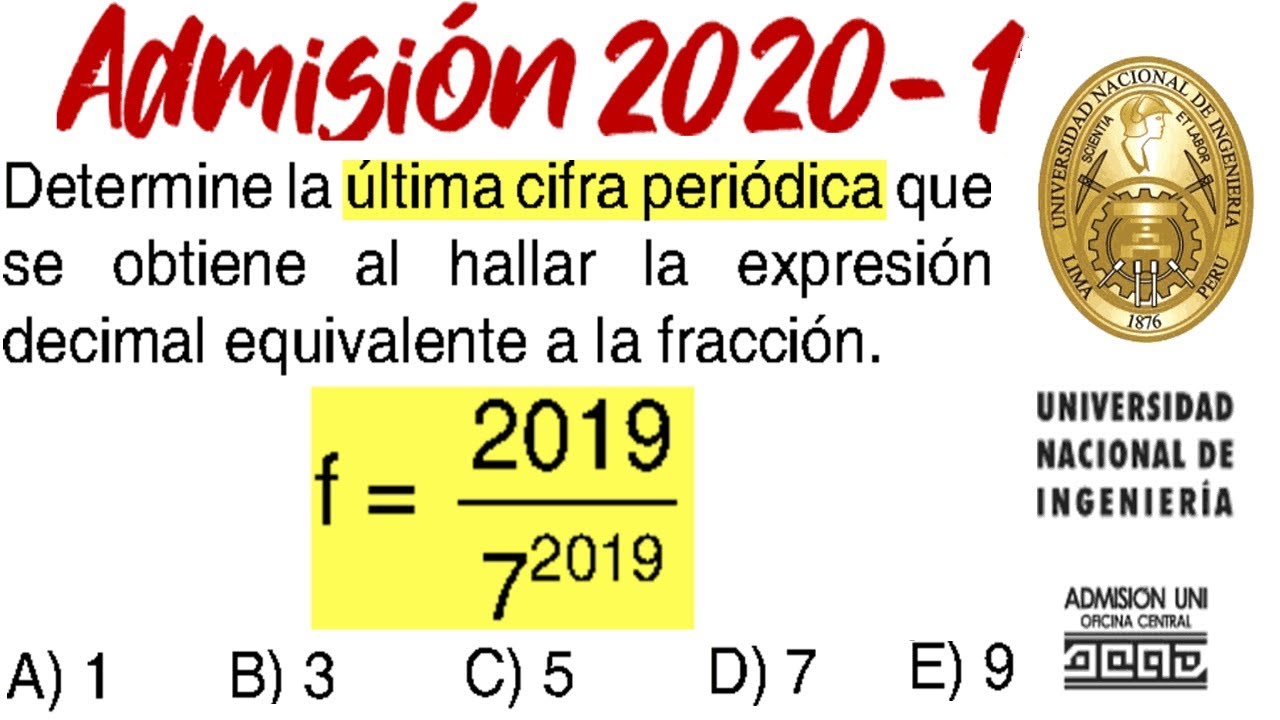 EXAMEN UNI 2020-1 ADMISIÓN UNIVERSIDAD DE INGENIERÍA ARITMÉTICA SOLUCIONARIO 2020 I