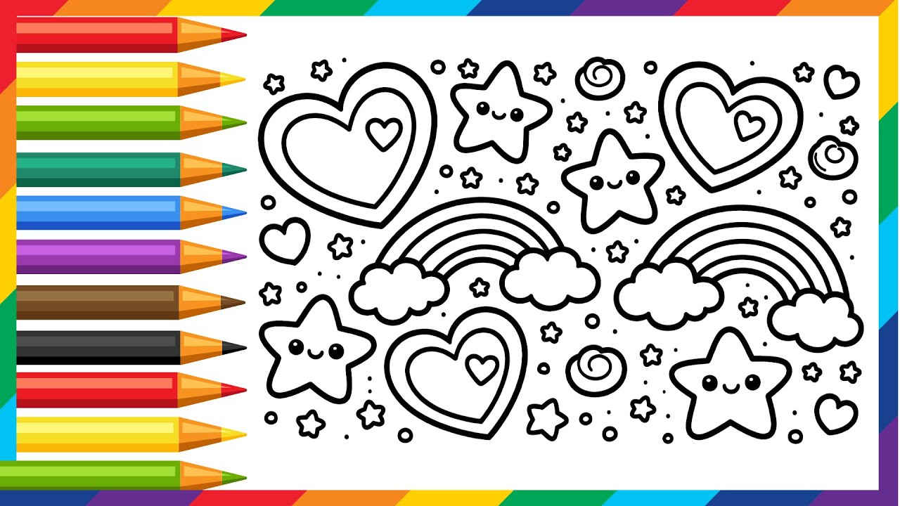 Dibuja y Colorea Corazones, Estrellas Y Arcoíris De Colores Fantásticos y Coloridos.