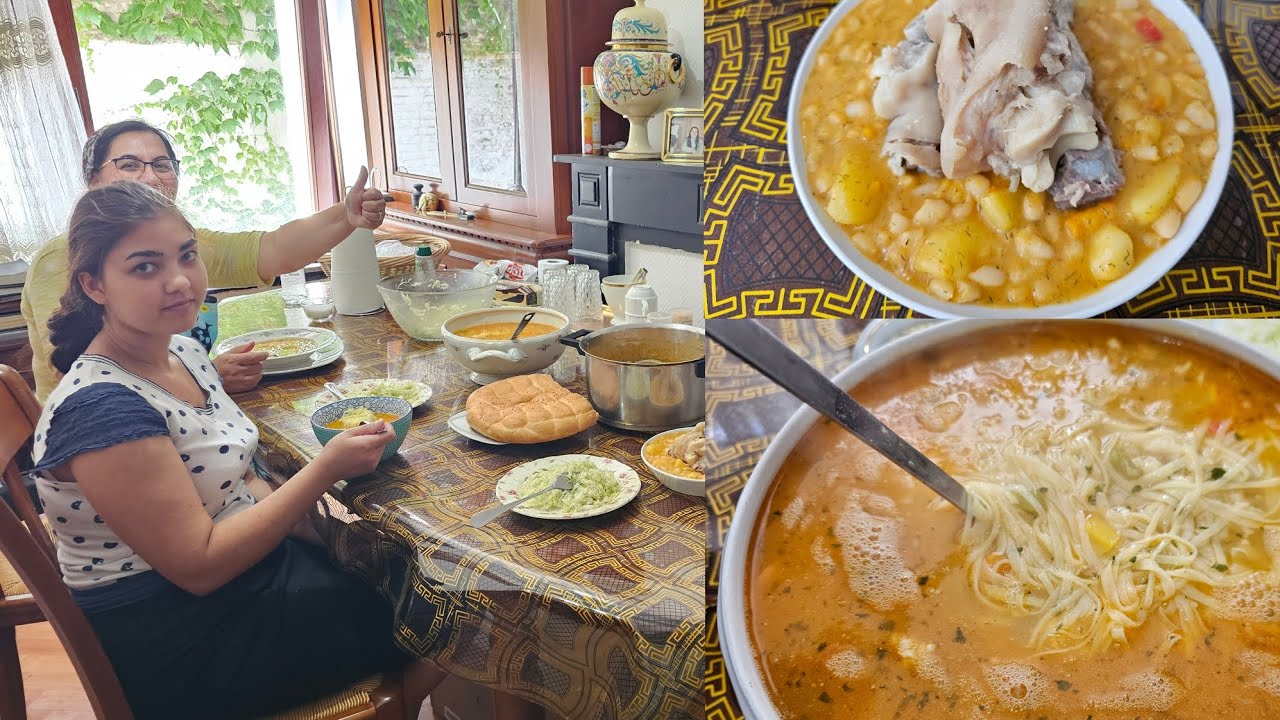 Fasole uscata cu picioare de porc și supa cu tăieței de casă .