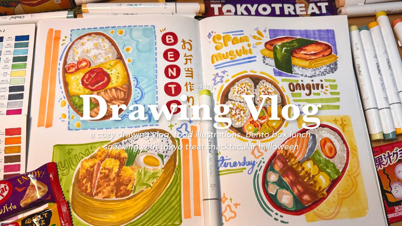 ART VLOG  ࿔* 🍱 bento box illustrations, alcohol markers, snacking with tokyo treat ⋆˙˚. ᵎᵎ