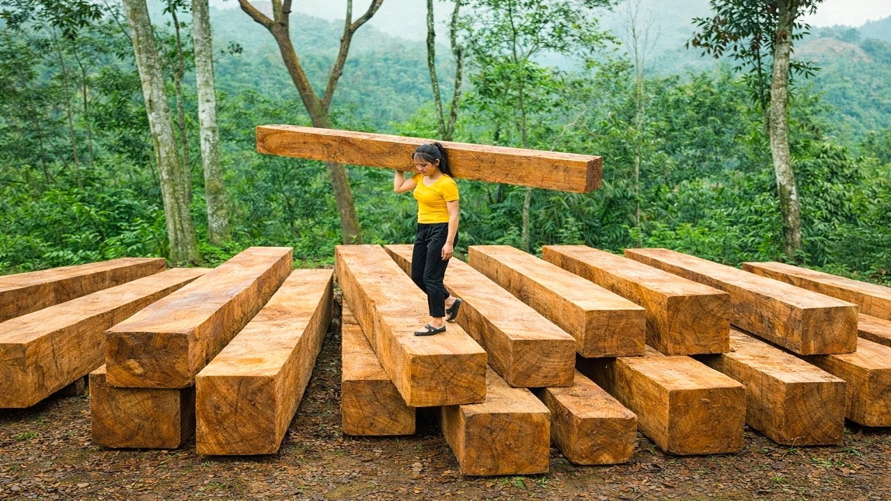 A young woman spent 120 days in the forest cutting trees and hauling timber to build her new home