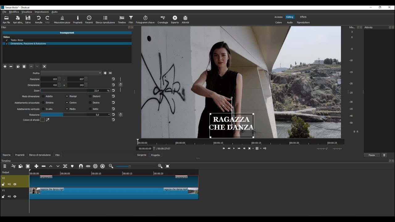 Come aggiungere testo che cambia dimensione sovrascritto ai video con Shotcut