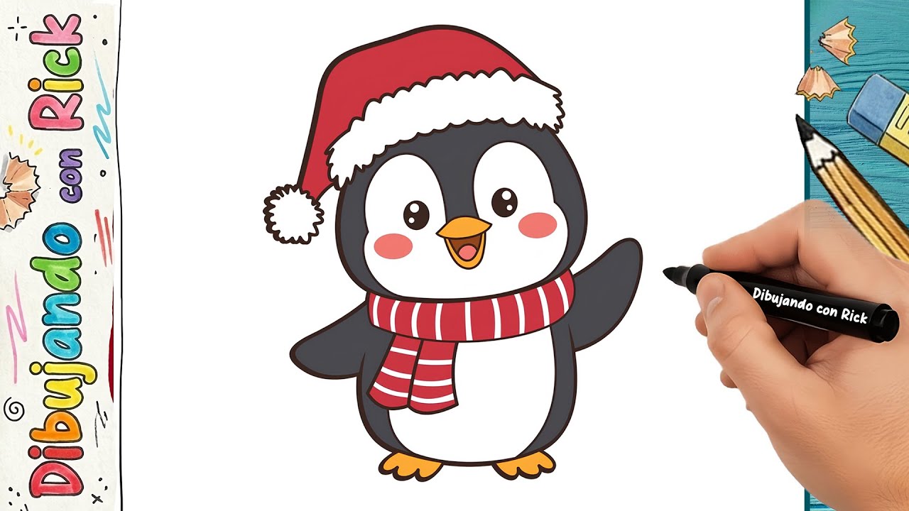 Cómo Dibujar un Pingüino Navideño paso a paso 🐧🎄 | Dibujando con Rick