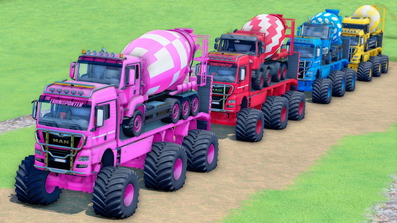 MONSTER FLATBED TRUCK LONG CONVOY TRANSPORT OF COLORS! ALL MIXER TRUCKS, MAN, MERCEDES, ELKON - FS25