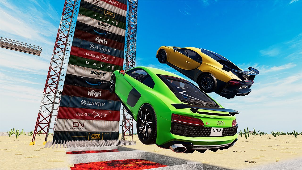 Cars Vs 20 High Mega Container Jump Test Parkoour - Speed Car Crash - BeamNG Drive