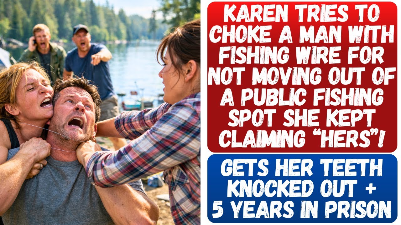KAREN TRIES TO CHOKE A MAN WITH FISHING WIRE OVER FISHING SPOT & GETS HER TEETH KNOCKED OUT BY WIFE!