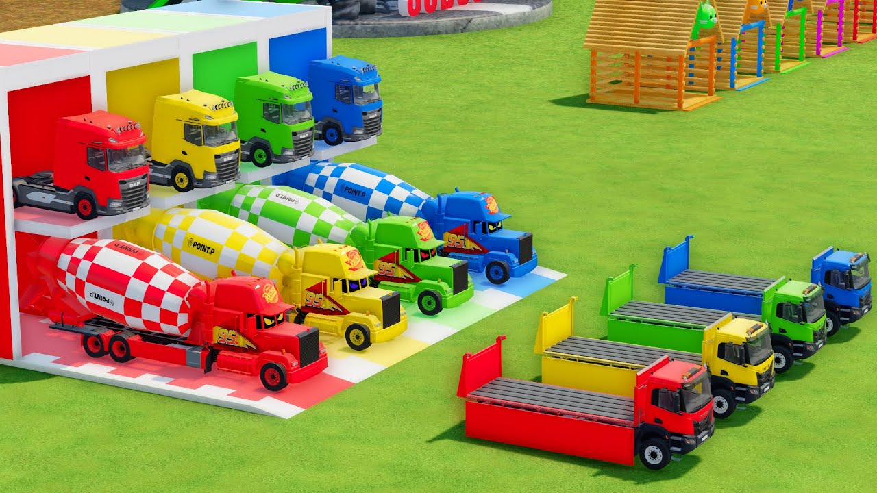 Garage with Colors - ALL MIXER TRUCK WITH DOUBLE FLATBED TRAILER TRUCK, DAF, MACK, IVECO - FS22