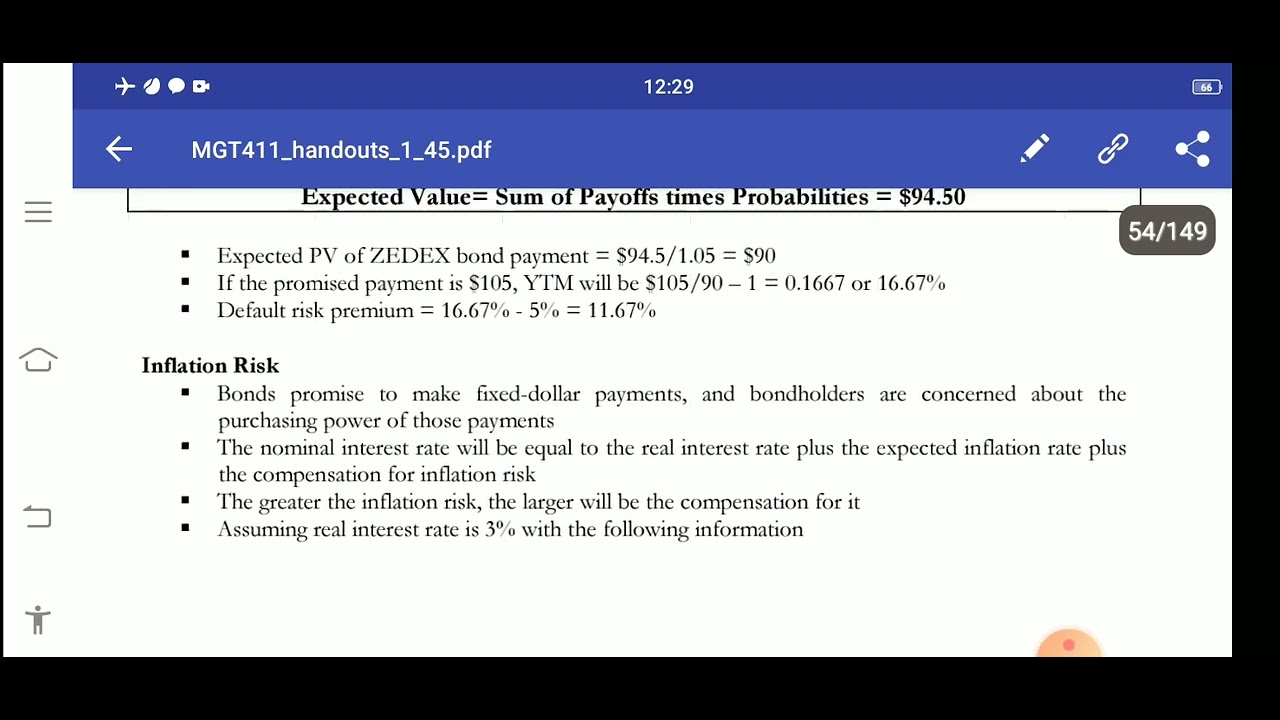 mgt411 lecture 16/ types of bond risks, default risk, inflation risk, interest-rate risk
