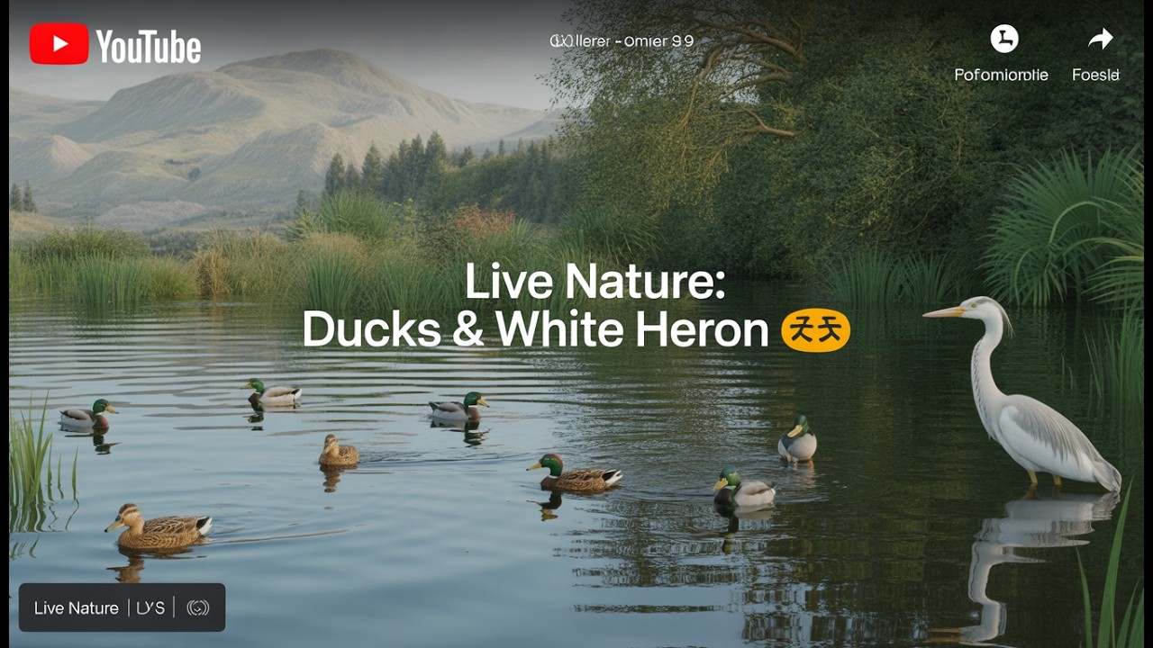 “Live Nature: Ducks and Rare White Heron on the Pond 🦆🌿”