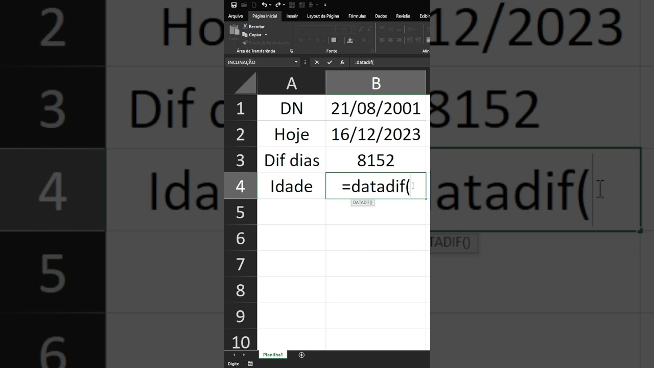 Como calcular a idade (DATADIF) no EXCEL #shorts