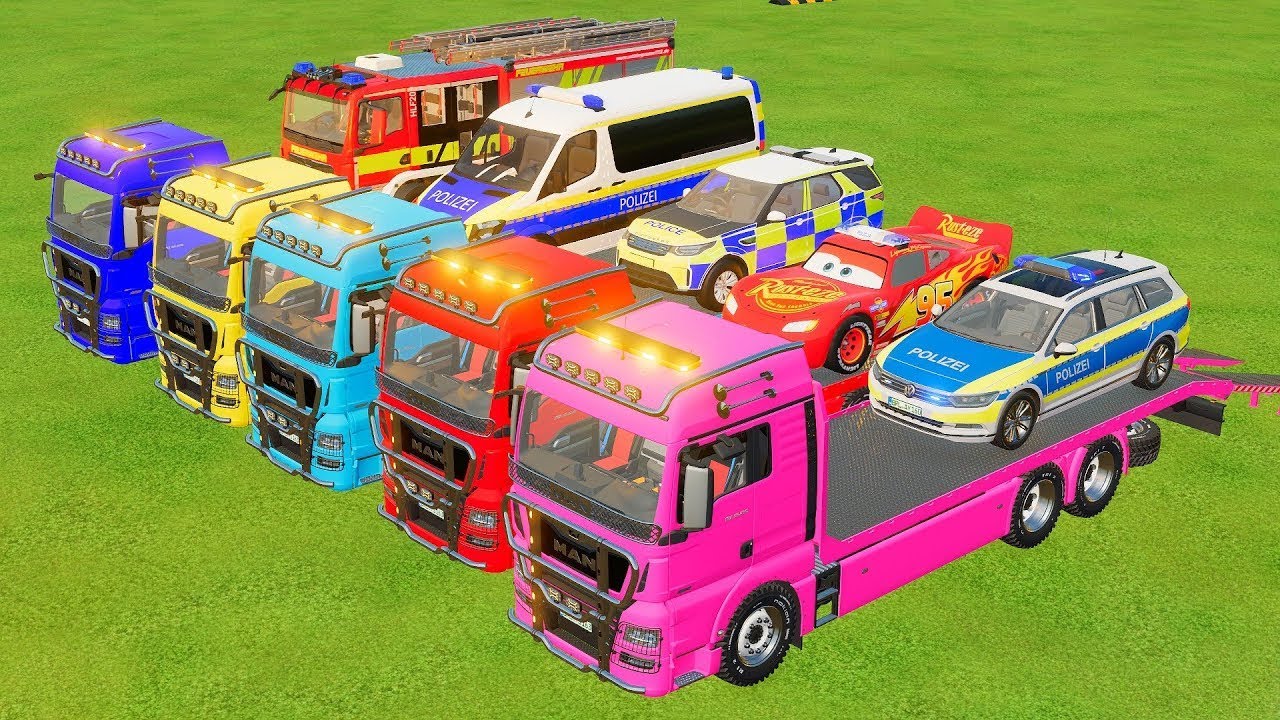 DACIA, MCQUEEN CAR, FORD POLICE CARS, AMBULANCE EMERGENCY TRANSPORTING WITH TRUCKS ! FS22 #18