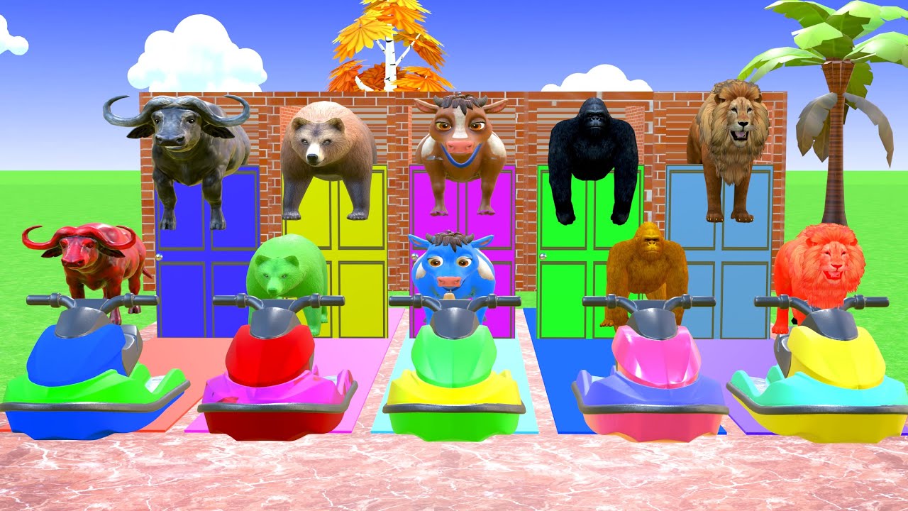 Long Slide Game with Cow Elephant Gorilla Hippopotamus Tiger  3D Animal Game Funny 3D Animals