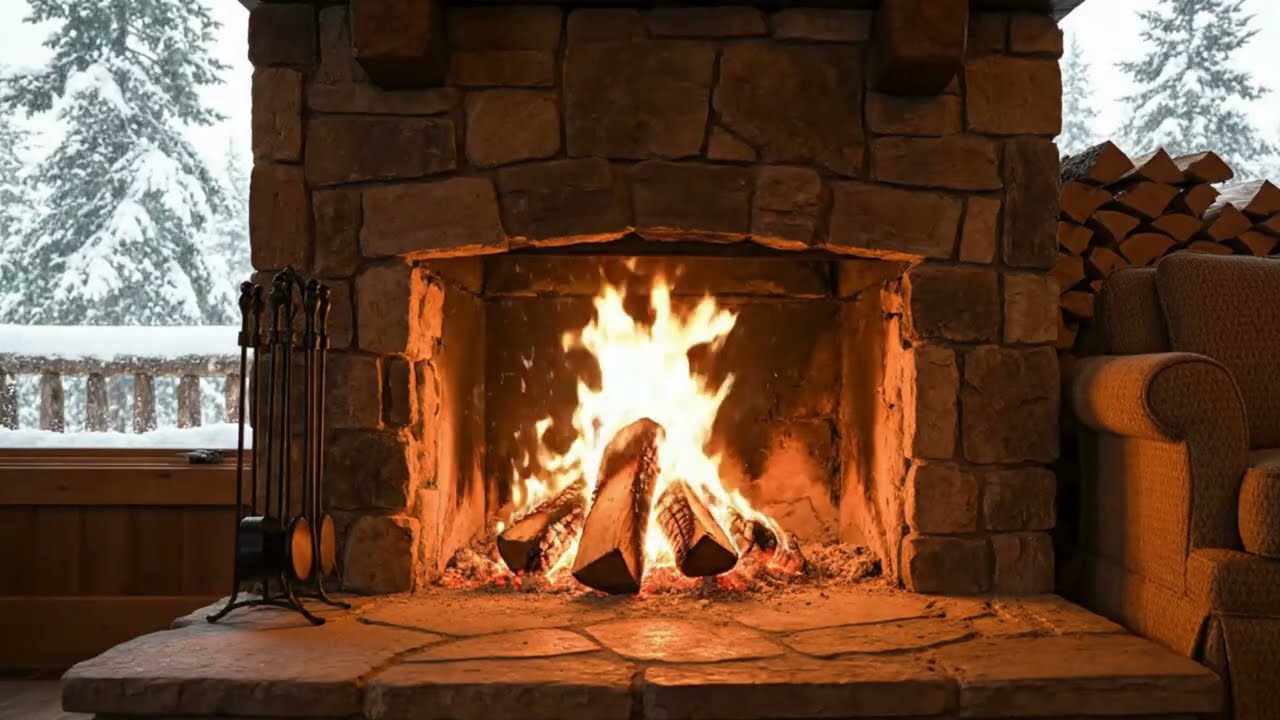 Cozy Rustic Fireplace 4K - Crackling Fire & Snowy Forest Window Ambience | Relaxing Winter Escape