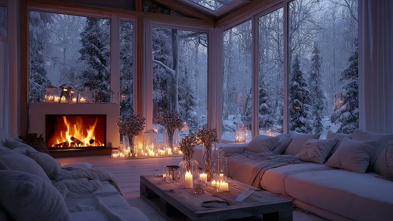 Cozy Artistic Winter Living Room – Snowstorm & Crackling Fireplace Sounds for Deep Sleep