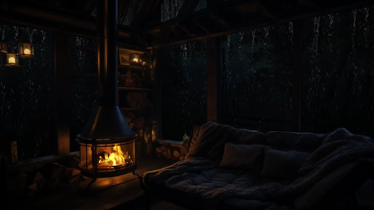 Peaceful Rainy Cabin Night: Soft Fireplace Crackles & Warm Ambience for Better Sleep