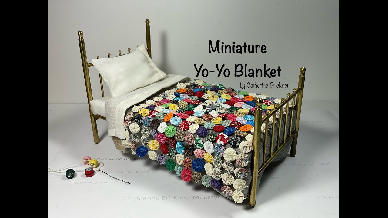 Miniature DIY Yo-Yo rosette pillow & quilt blanket projects using fabric for display in dollhouses