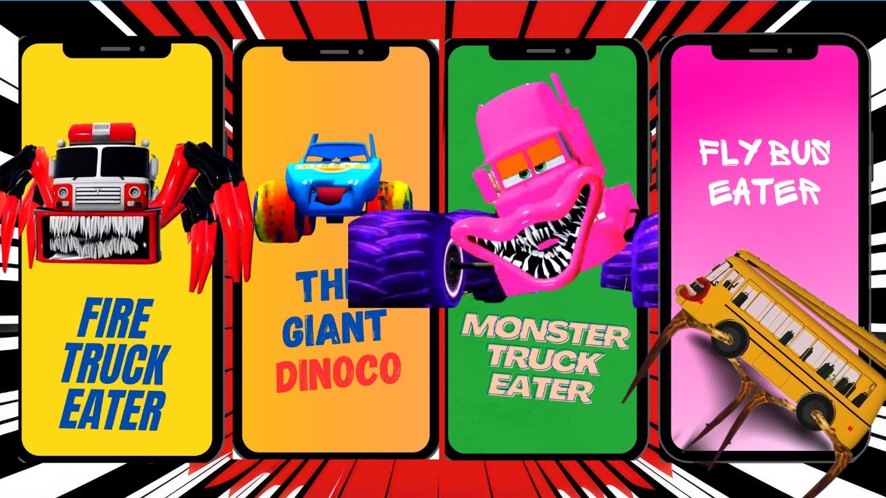 Fire truck eater vs The giant Dinoco vs Monster truck eater vs Fly Bus eater edm