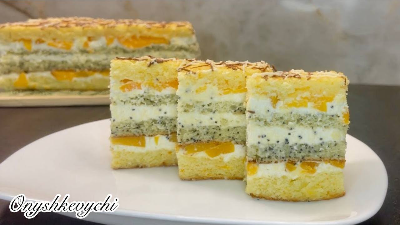 ЯК ІЗ КОНДИТЕРСЬКОЇ. АПЕЛЬСИНОВО-МАКОВИЙ ТОРТ З ПЕРСИКАМИ.