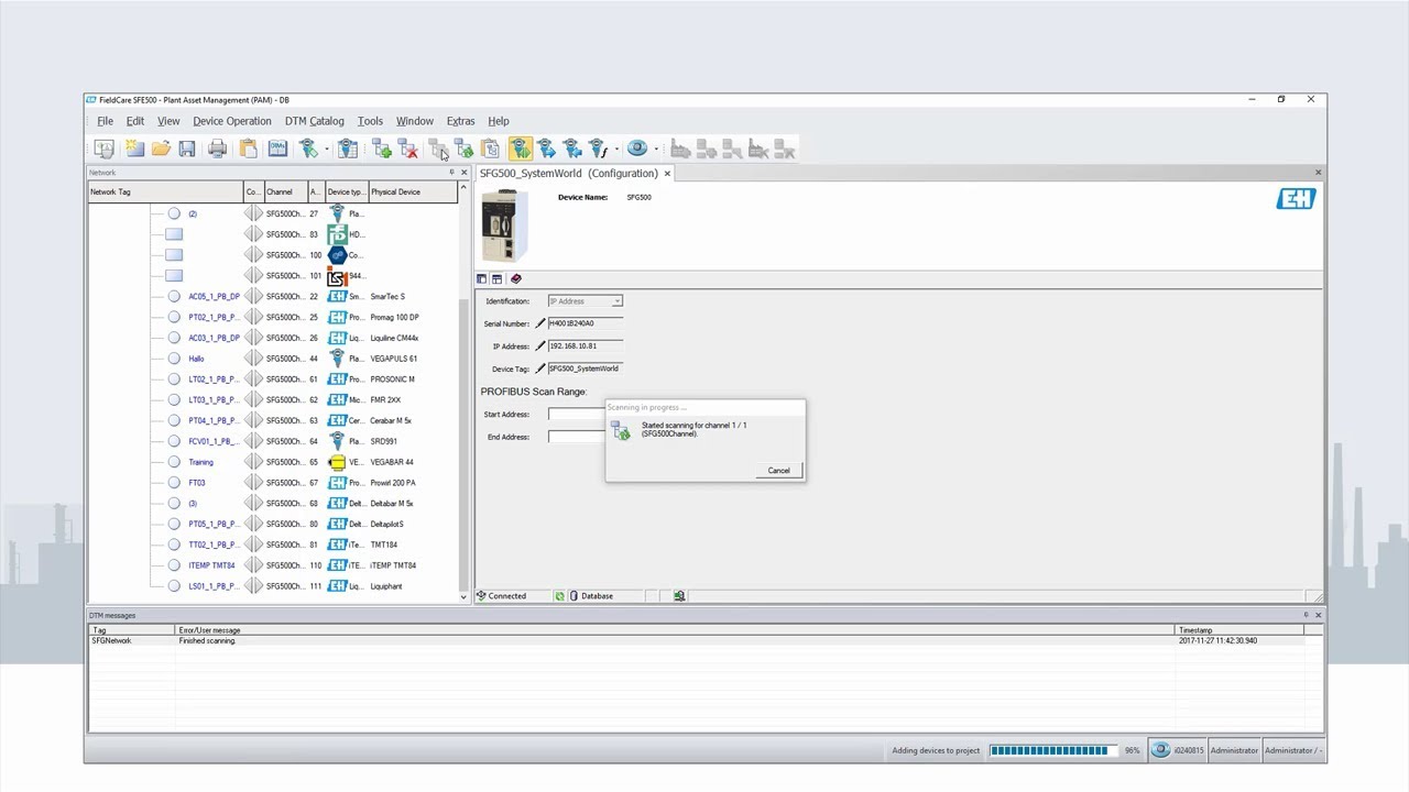 FieldCare SFE500 &minus; Network Scanning (PROFIBUS)