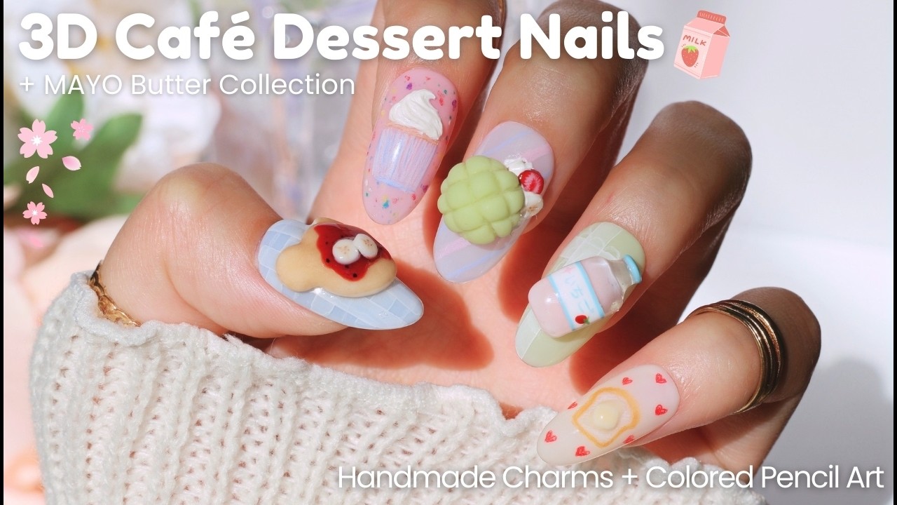 3D Café Desserts Nails Tutorial 🧈🧁🎀 #koreannails #3dnailart #springnails