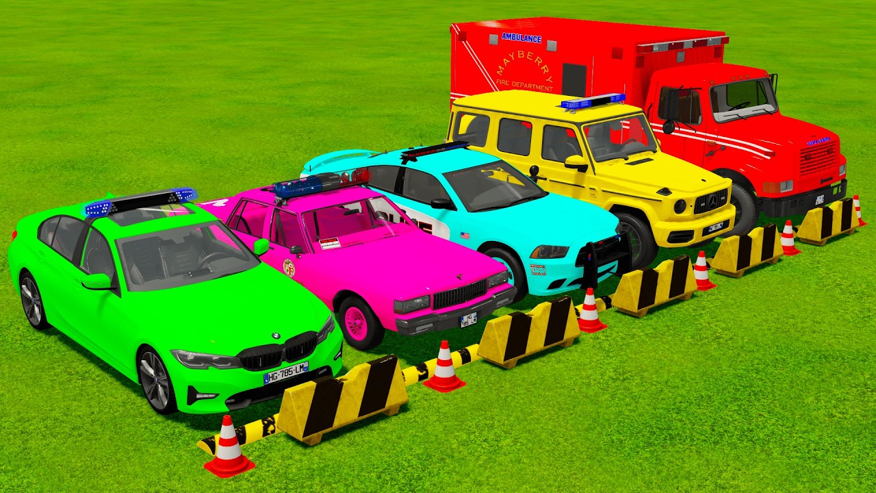TRANSPORTING POLICE CARS BMW, CHEVROLET, DODGE, AMBULANCE ENGINE, MERCEDES WITH MAN TRUCK IN GARAGE