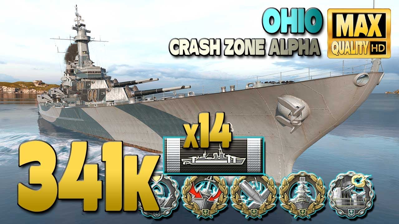 Battleship Ohio on map Crash Zone Alpha, 340k damage - World of Warships