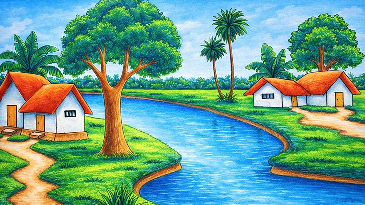 How to Draw Village Scenery with Oil Pastels Step by Step - Easy Landscape for Beginners