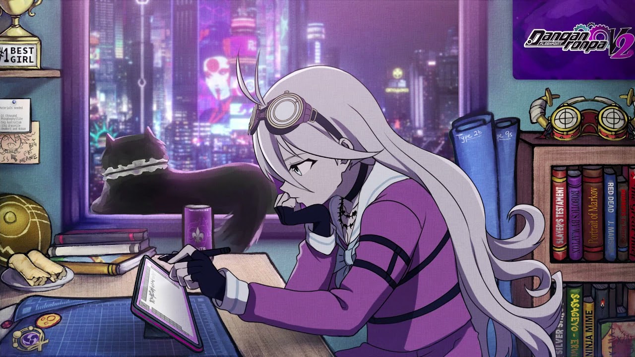 Lofi girl Miu Iruma listening to the Va-11 hall-a soundtrack