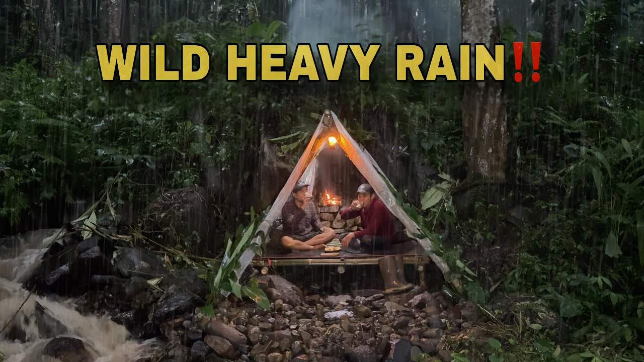Wild Camping in Heavy Rain‼️Not Solo Bushcraft Camping in Super Rain