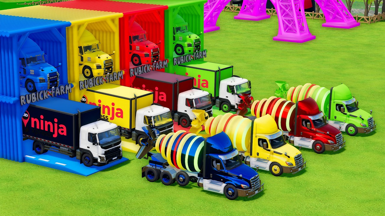 Garage with Colors - ALL MIXER TRUCK WITH DOUBLE FLATBED TRAILER TRUCK, MACK, VOLVO, FREIGHTLINER