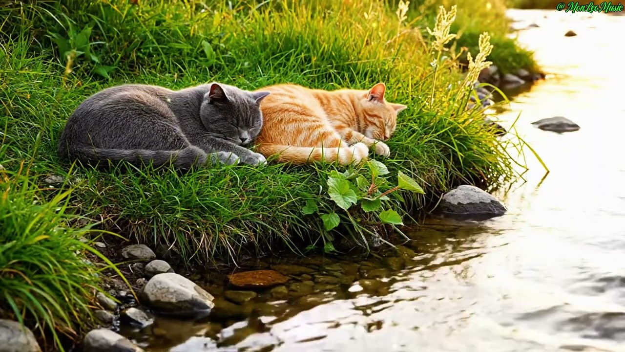 Deep Sleep Piano & Flowing Water | Cat Sleeping by a Peaceful Stream !