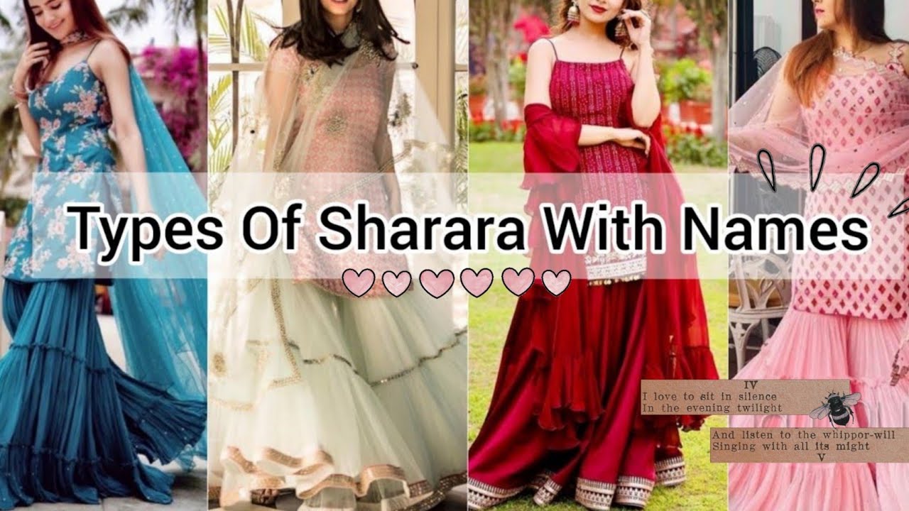 Types of sharara with name/Diff. between sharara & gharara/Types of sharara suit/Sharara suit name