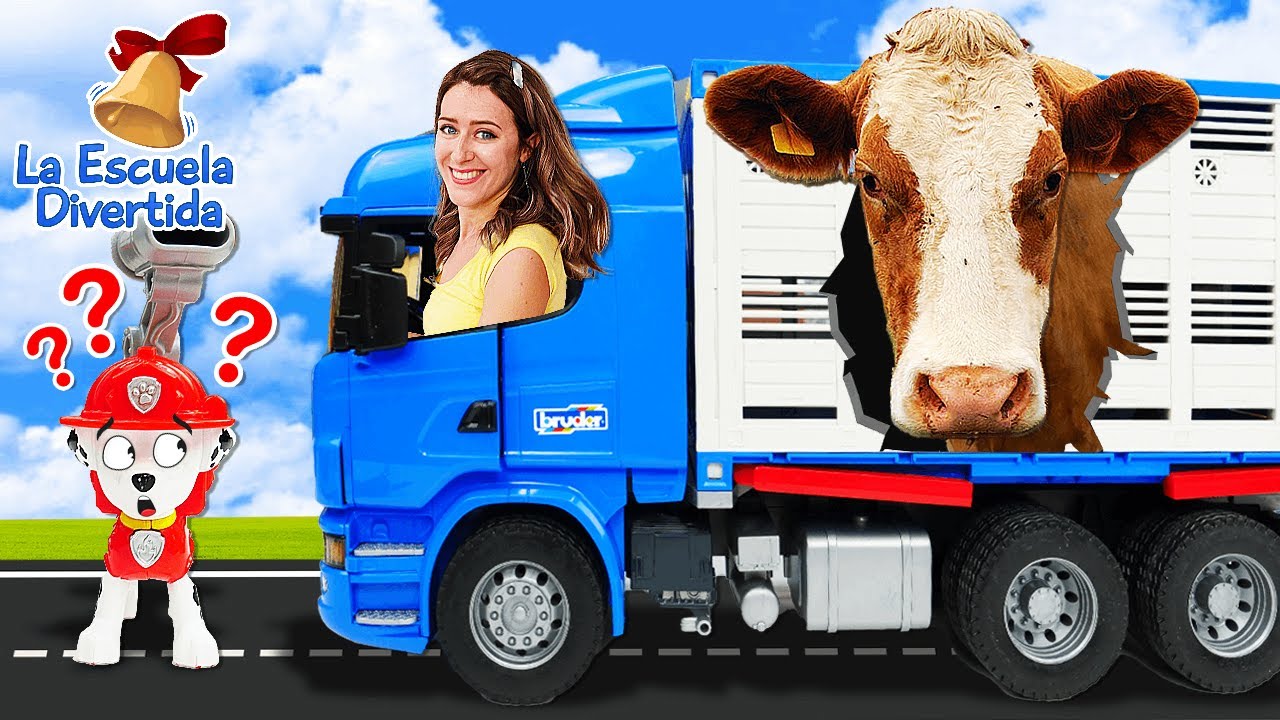 El camión que transporta animales vuelca. Vídeos para niños de coches en la Escuela Divertida.