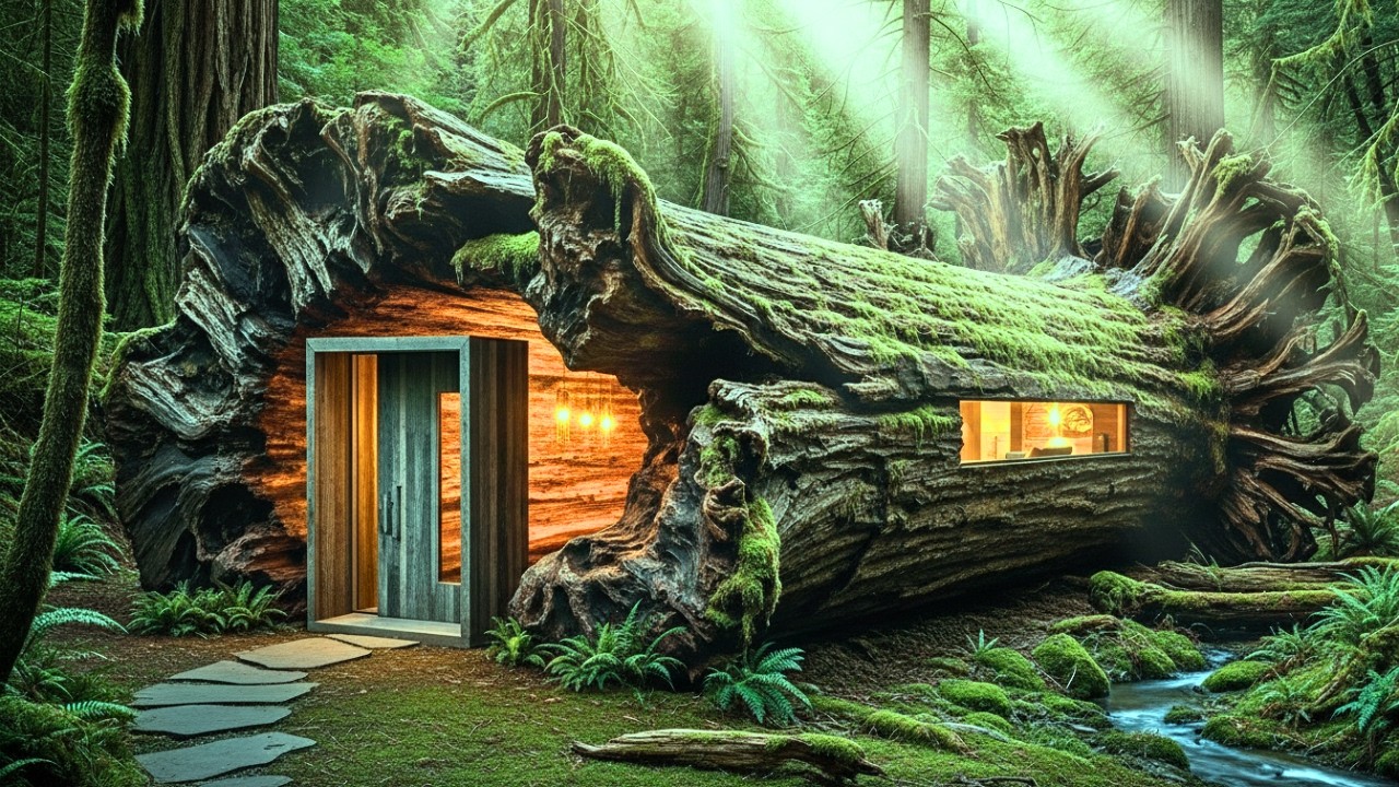 I Built a Luxury Modern Hideout Inside a Giant Fallen Tree