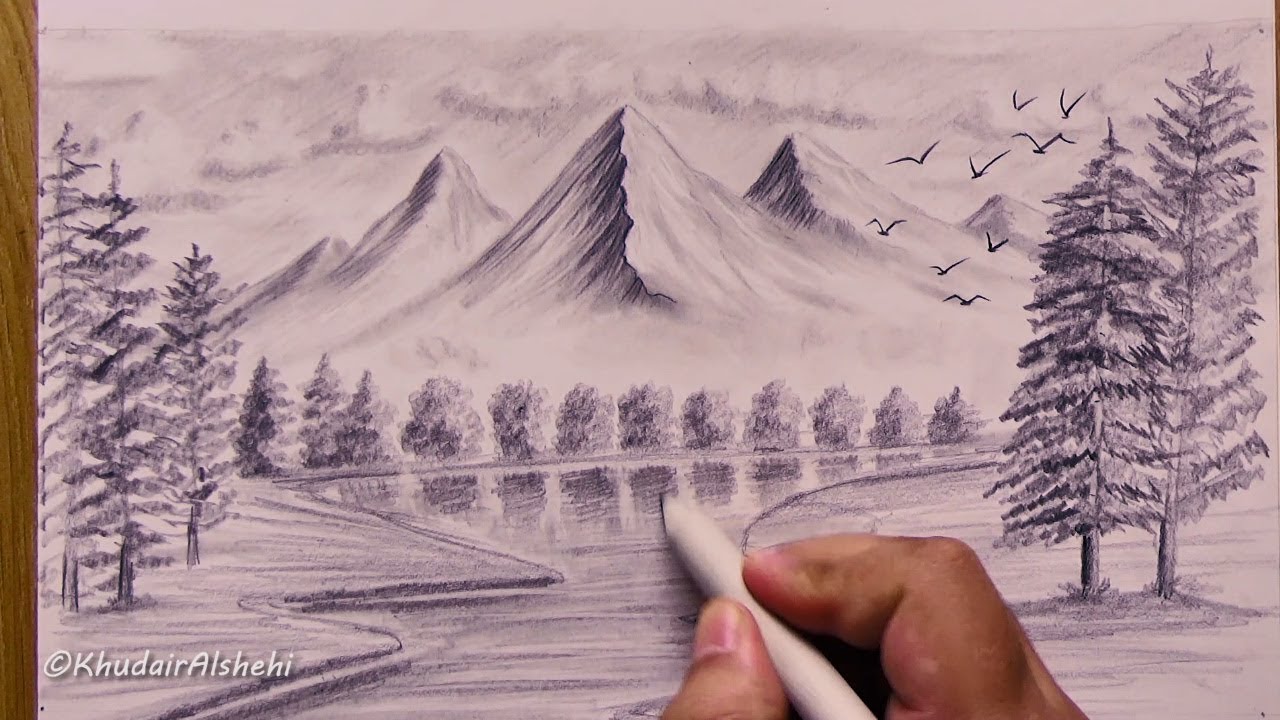 كيفية رسم الجبال - منظر طبيعي - اشجار - رسم من الخيال سهل