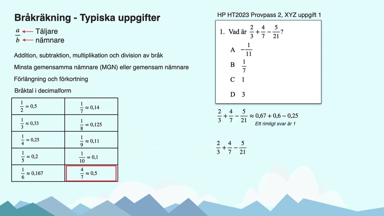 Bråk och bråkräkning - Tips och typiska uppgifter på XYZ på Högskoleprovet