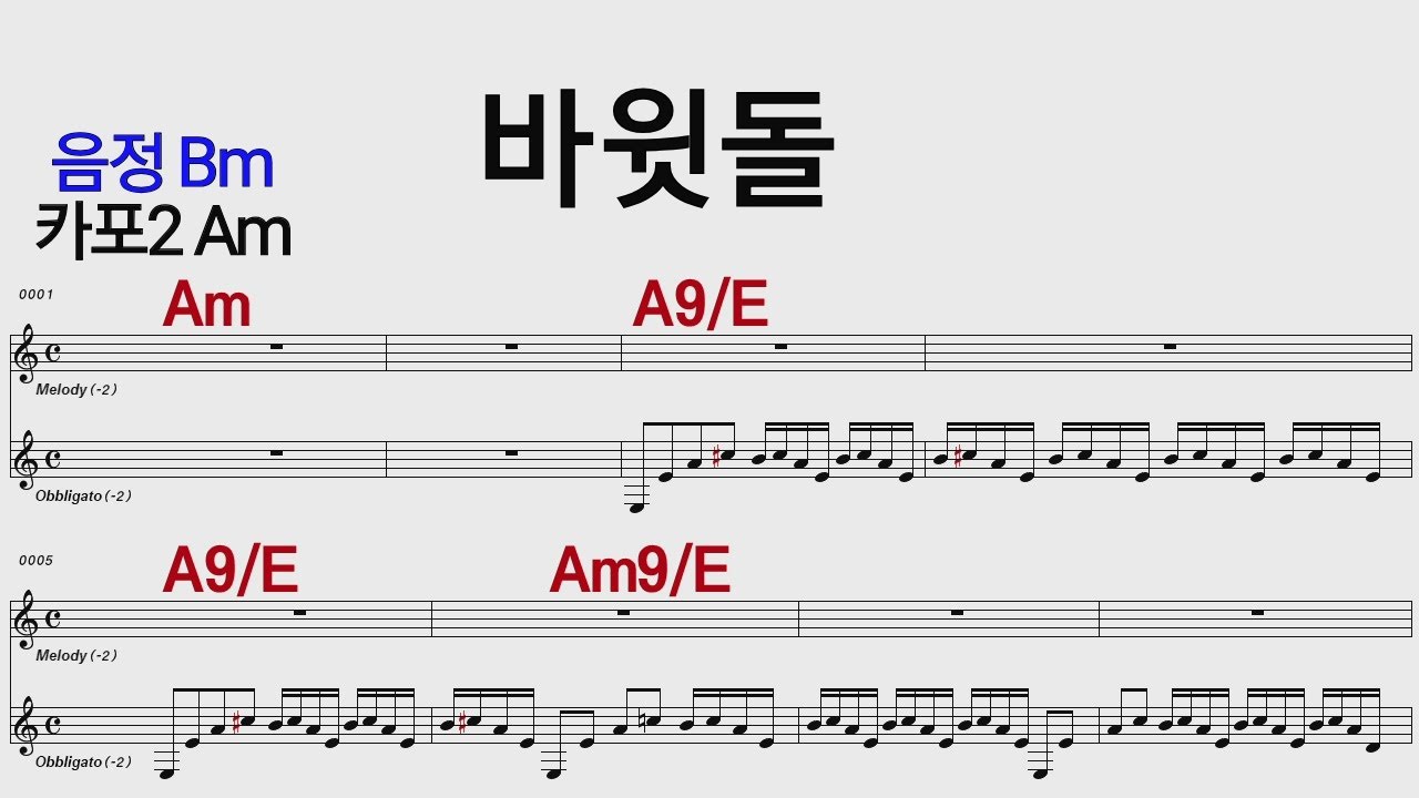 바윗돌 Bm 카포2 Am/통기타 카포 악보영상