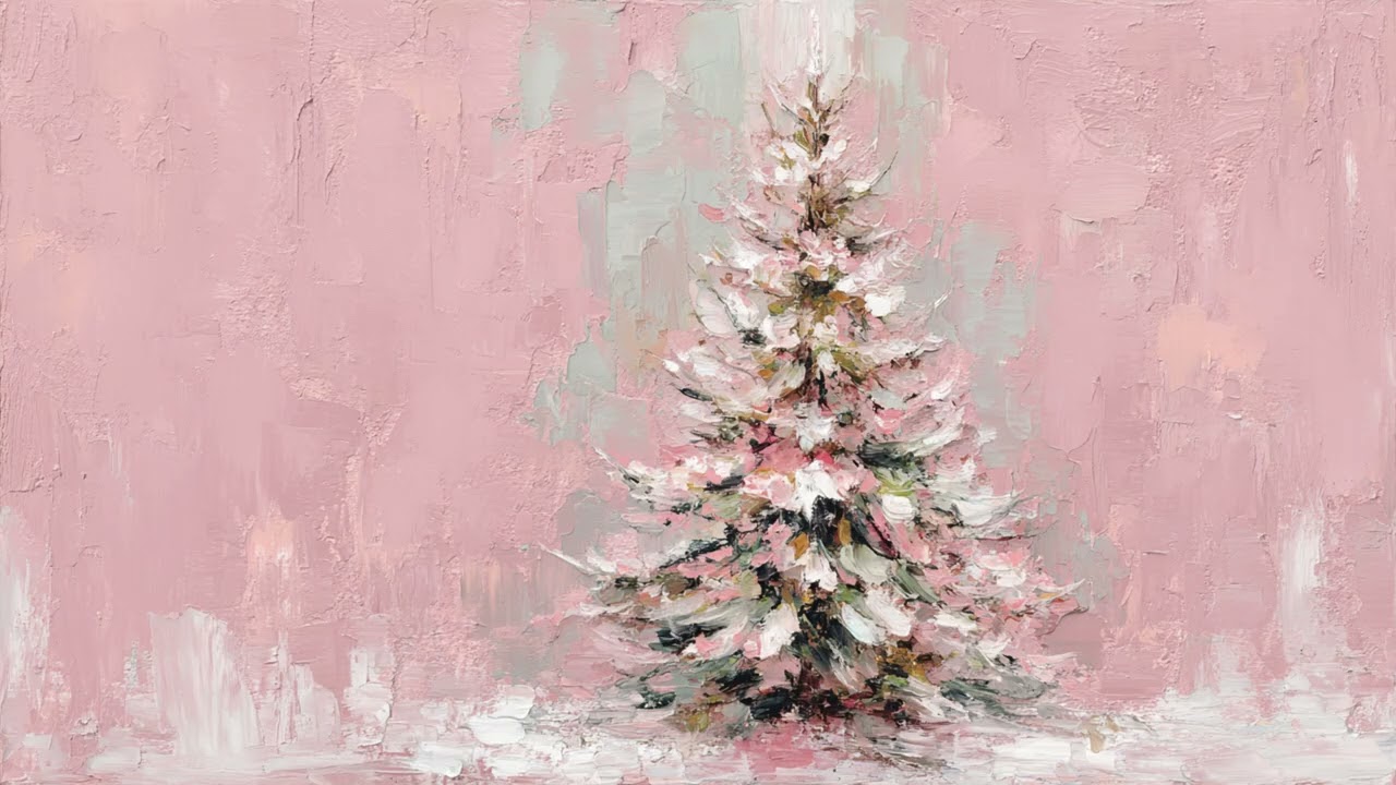 Pink Christmas Tree Painting for Your TV Soft Holiday Silent Screensaver 🎀🎄