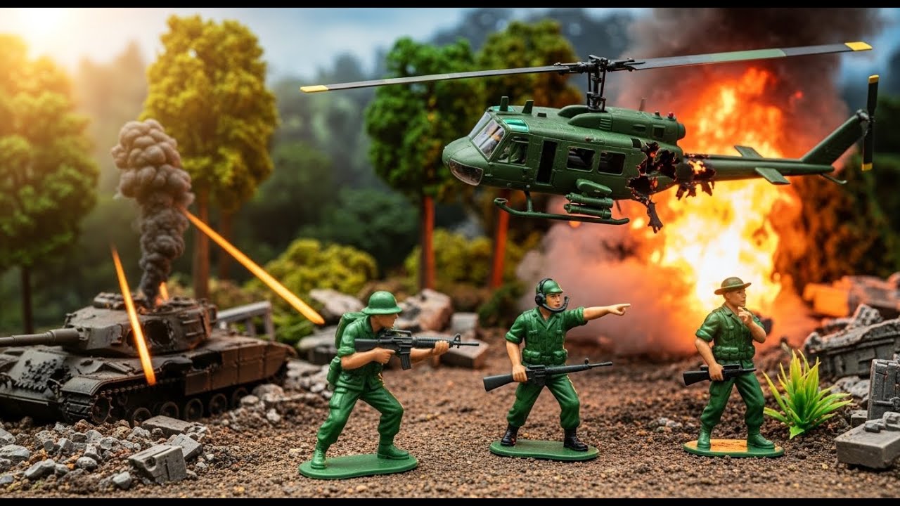 Army Men Stop Motion Vietnam War - Huey Down, Tank Destroyed, Victory Flag Raised