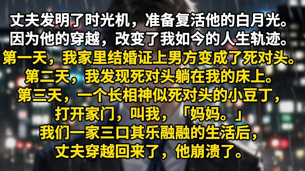 丈夫发明了时光机，义无反顾地穿越回去，准备复活他的白月光。大约是因为他的穿越，改变了我如今的人生轨迹。第一天，我发现家里结婚证上男方的名字，变成了死对头。第二天，我发现死对头躺在我的床上。第三天，