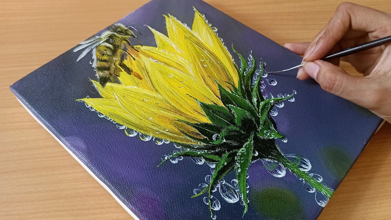  How to draw a Bee 🐝 On Flower/ Realistic Bee and Flower Painting/ Easy Acrylic Painting 