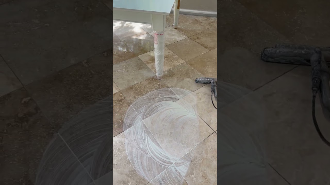 Travertine floor polish using dia-glo after honing with 400 grit diamond pads! 