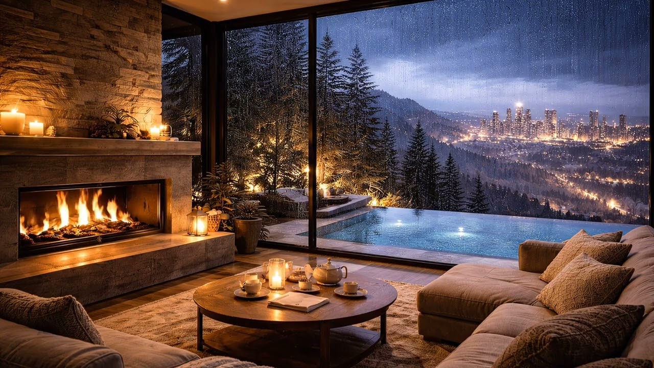 3 Hours Cozy Rainy Night Fireplace 🌧️ Luxury Cabin & City Lights | Relaxing Piano Ambience (HD 1080)