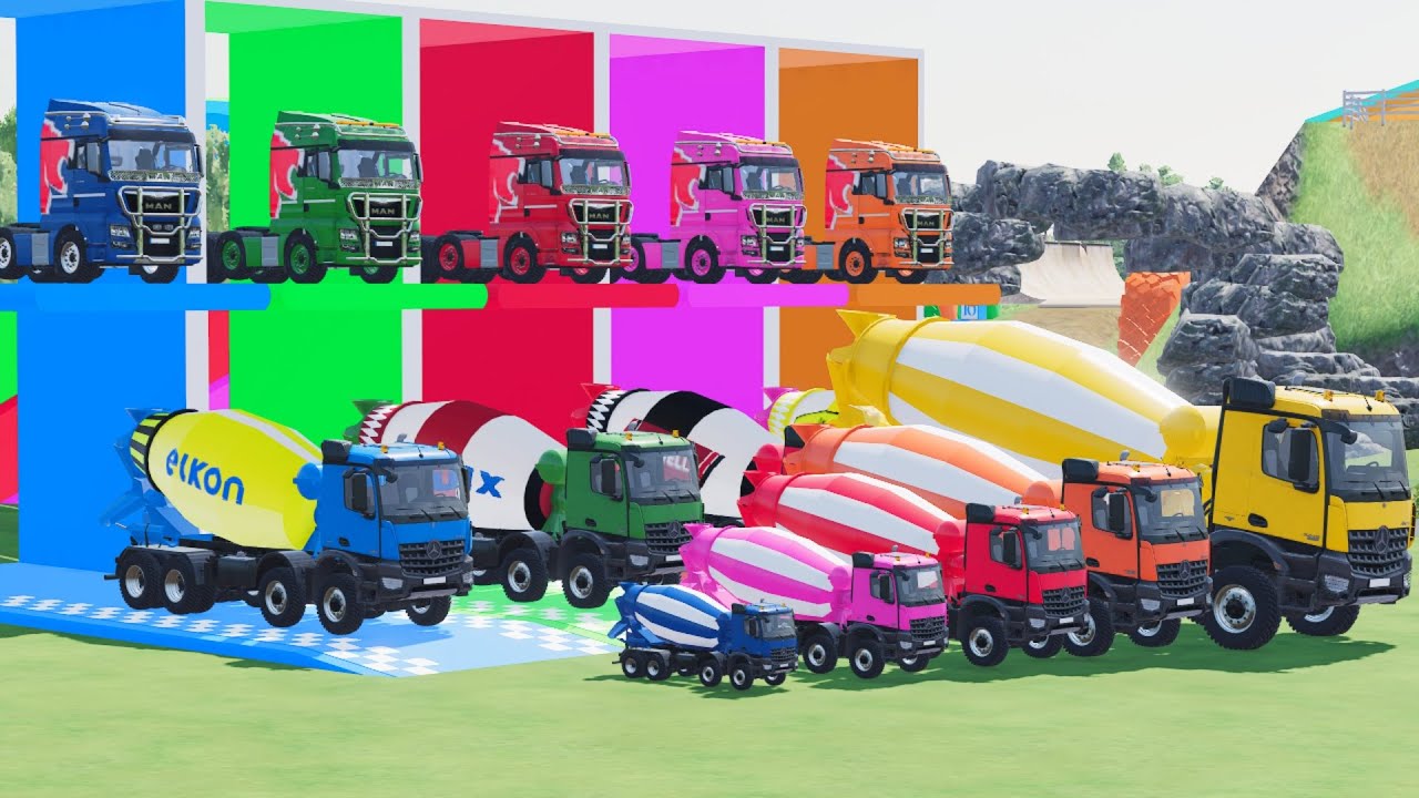 Mixer Trucks of Colors! SCANIA, JCB, MCQUEEN WITH DOUBLE FLATBED TRAILER TRUCK TO GARAGE, FS22 