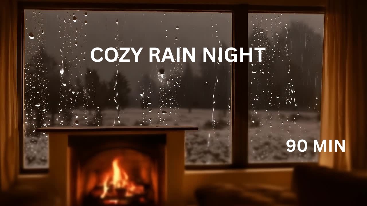 Light Rain & Fireplace Sleep - Gradual Black Screen - 90 Minutes - No Talking