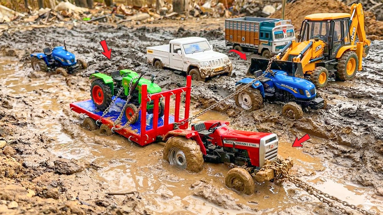 Massey Tractor & Pickup Truck Muddy Accident Pulling Out JCB 3DX | Tractor Rescue | JCB Cartoon Toys