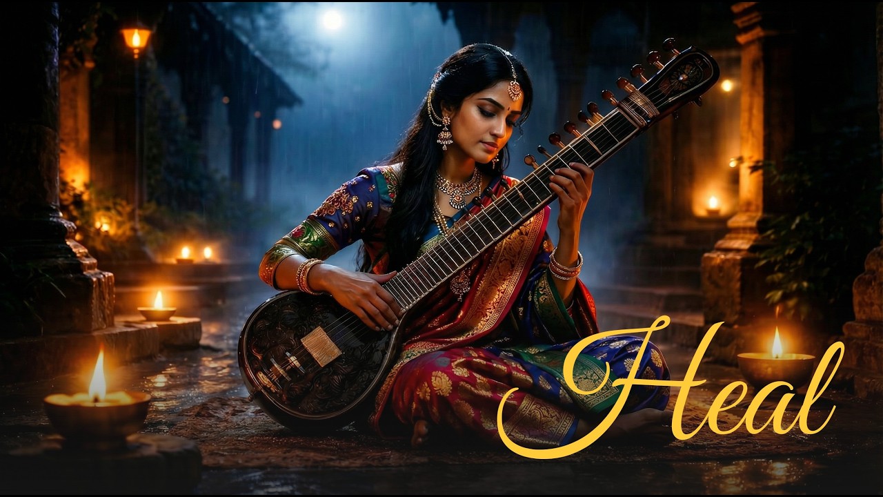 Stop Overthinking Before Sleep | Temple Courtyard Rain | Sitar, Flute & Tanpura