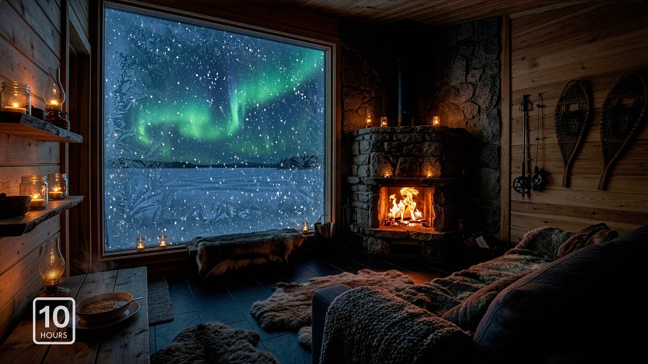 Northern Lights & Crackling Fireplace | Frozen Lake Cabin Ambience 4K