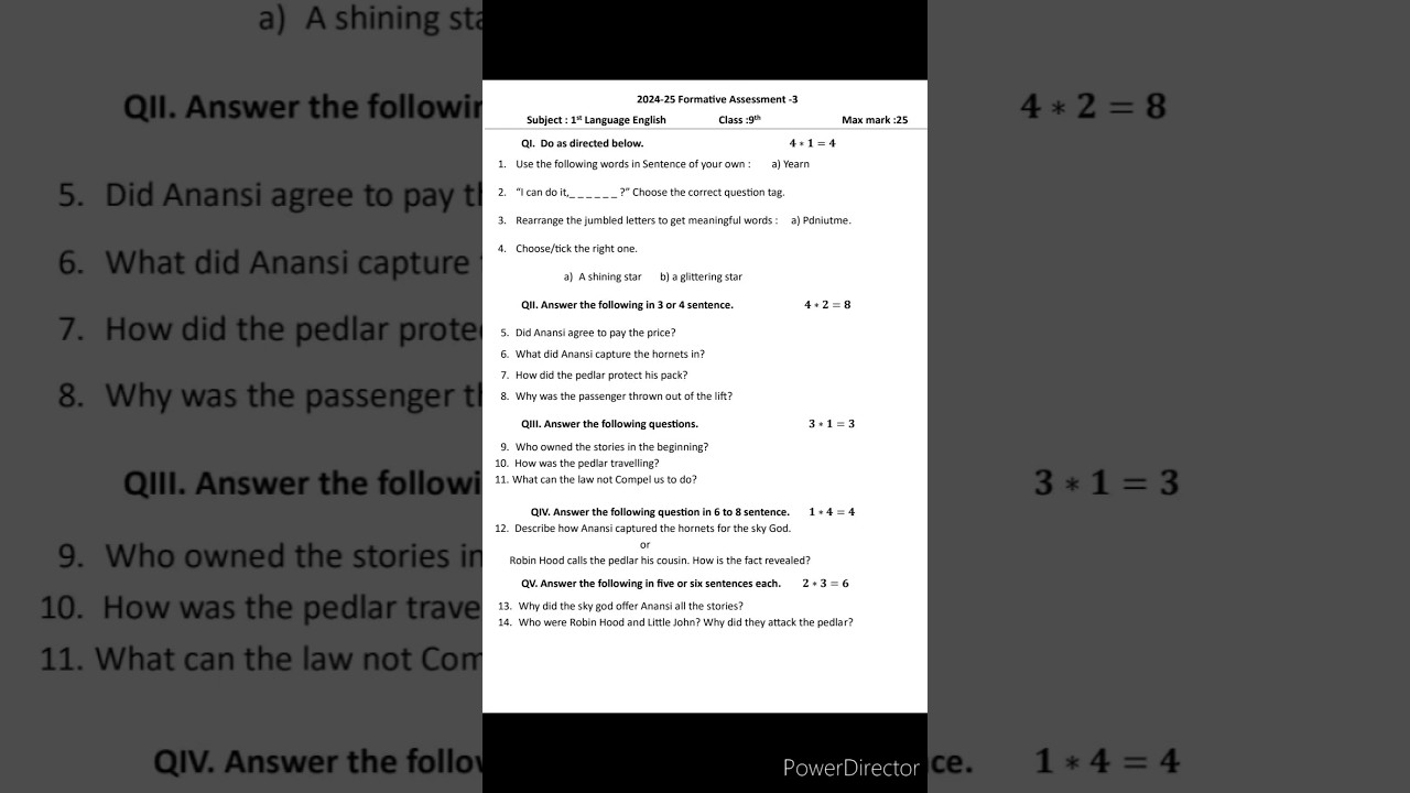 9th Standard | 1st Language English | FA-3 | Model Question Paper 