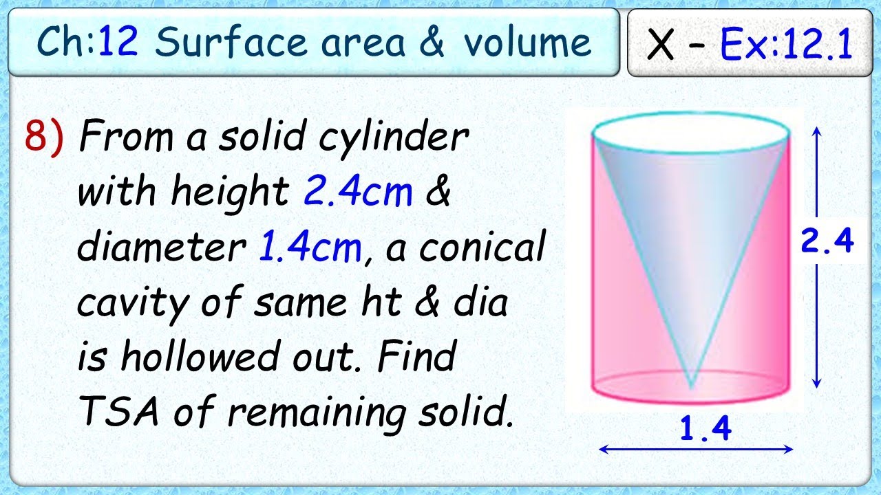 Ex:12.1 - Q.8) From a solid cylinder whose height is 2.4cm and diameter 1.4cm, conical cavity of sam